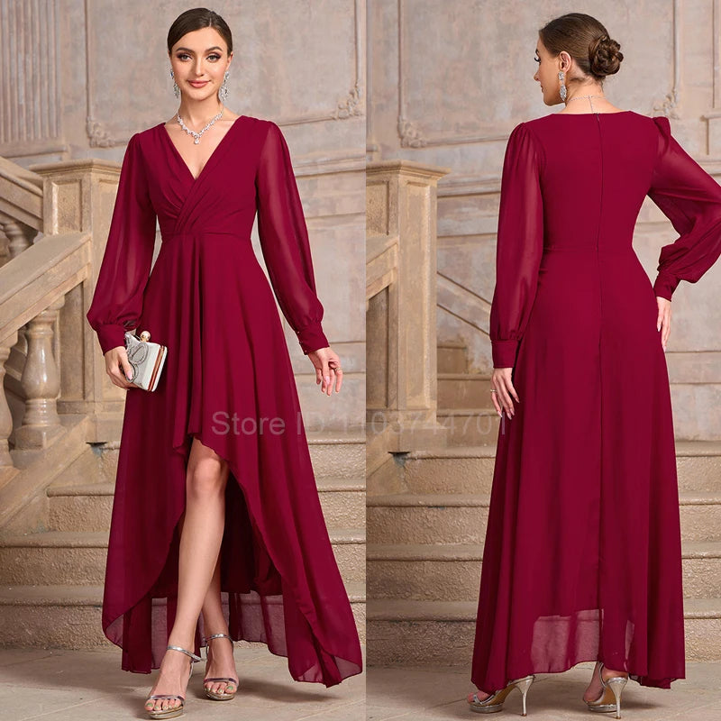Chiffon Summer Dress A-line  Long Sleeve V-Neck Solid Maxi Dresse