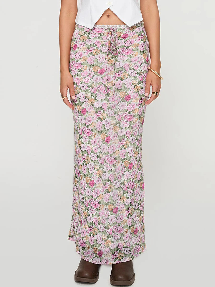 Women s Boho Maxi Skirt with Ruffle Hem and Tie Waist Elegant Floral Print Long Skirt