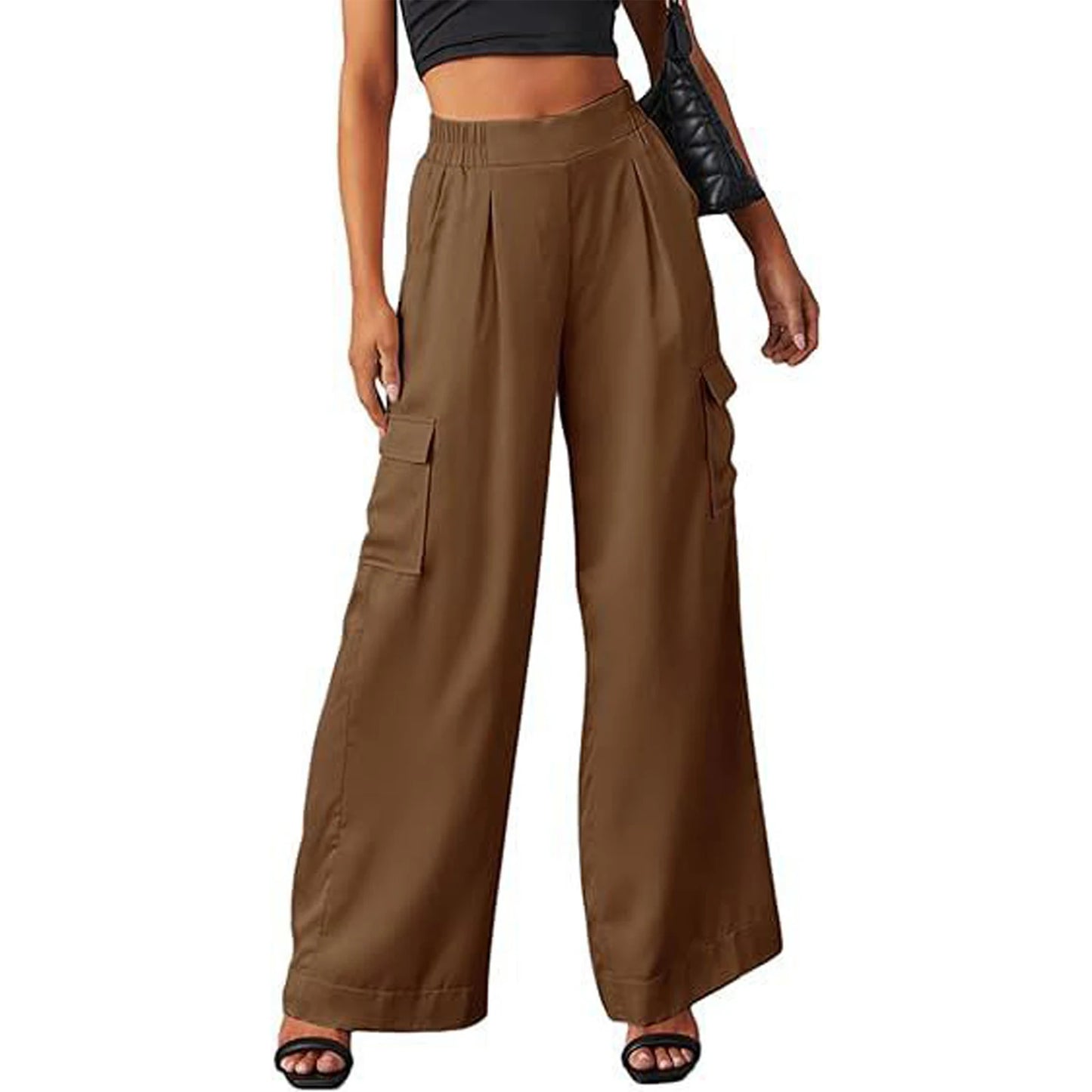 High Waisted Cargo Pants for Women Casual Loose Fit Wide Leg Trousers with Elastic Waistband and Multiple Pockets Stylish