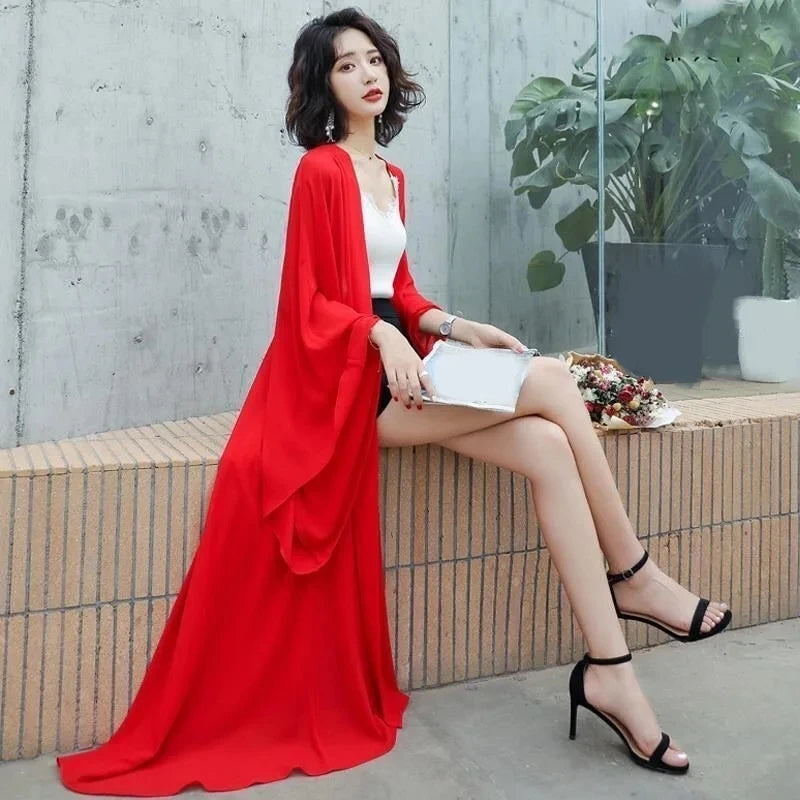 Summer Sun Protection Clothing Women Long Chiffon Cardigan Solid Color Ladies Shawl Female Cardigans Women Loose Thin Coats