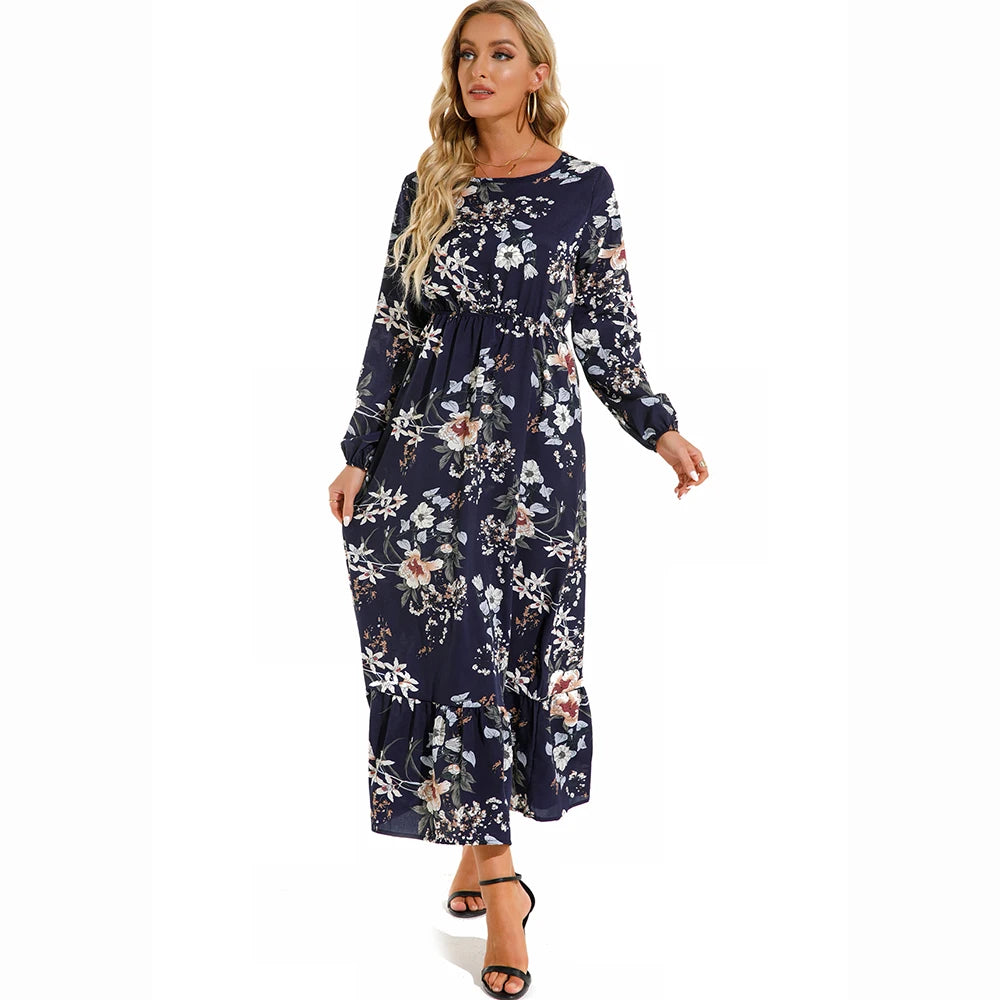 Bohemian Women's Maxi Dress Casual Long Sleeve High Waist Beach Woman Chiffon Dresses Floral