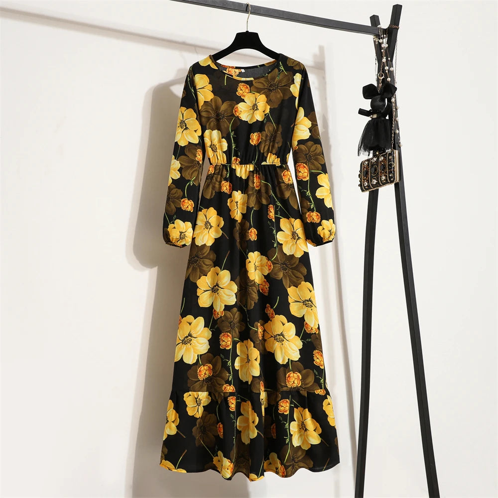 Spring Summer Women Maxi Dresses Casual Full Sleeve Floral Printed O-neck Woman Boho Beach Party Long Dress