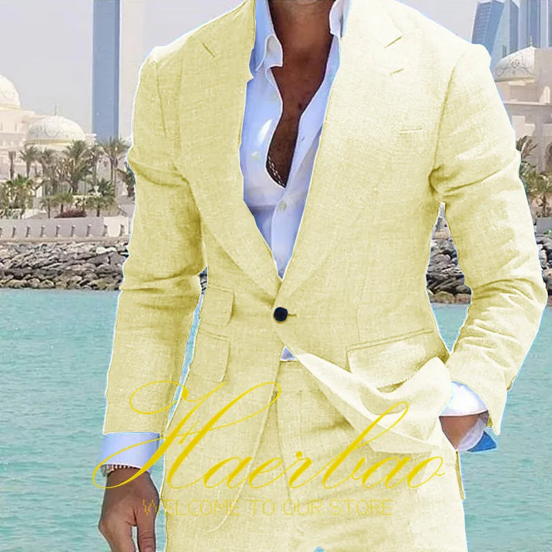 Summer Men's Linen Suit Set of 2 Wedding Groom Tuxedo Formal Lapel Jacket Pants Fashion Tailored Blazer for Men