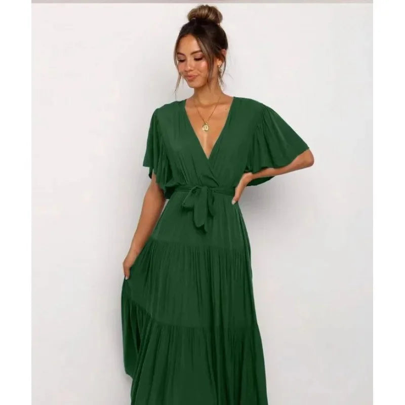 Bohemian V-Neck Short Sleeve Waist-Cinched Dress Skirt Dress