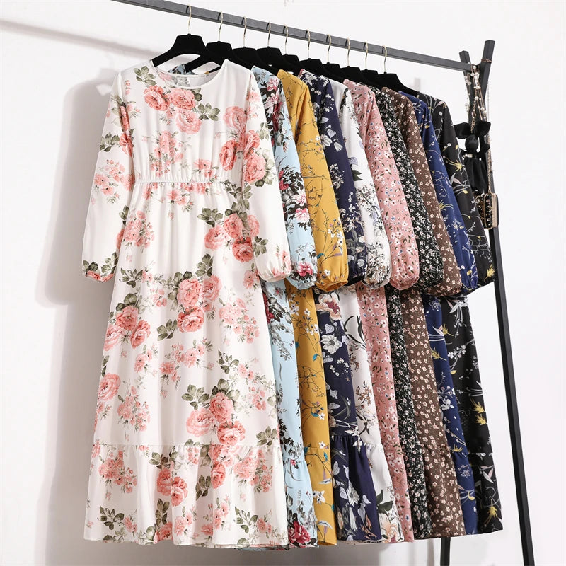 Spring Summer Women Maxi Dresses Casual Full Sleeve Floral Printed O-neck Woman Boho Beach Party Long Dress