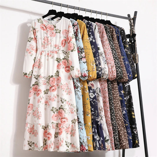 Spring Summer Women Maxi Dresses Casual Full Sleeve Floral Printed O-neck Woman Boho Beach Party Long Dress