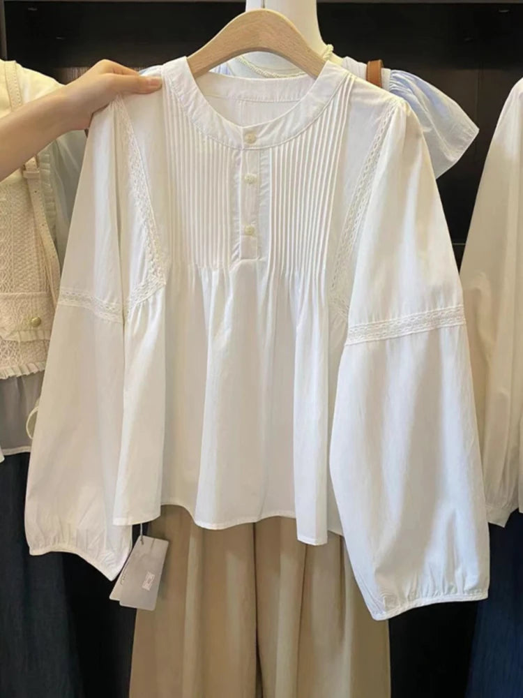 Striped Puff Sleeve Pleated Patchwork Spring Autumn Shirts Casual