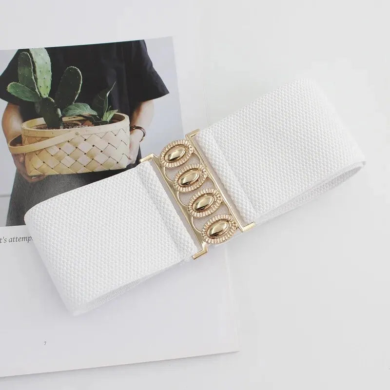 Women's Belt Fashion Elastic Waist Cover Golden Buckle Elastic Waist Closure Versatile Wide Belt