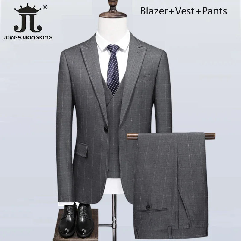 ( Blazer + Vest + Pants ) Boutique British Style Men's Suit Plaid Dress Business Casual Formal Suits 3Pcs Set
