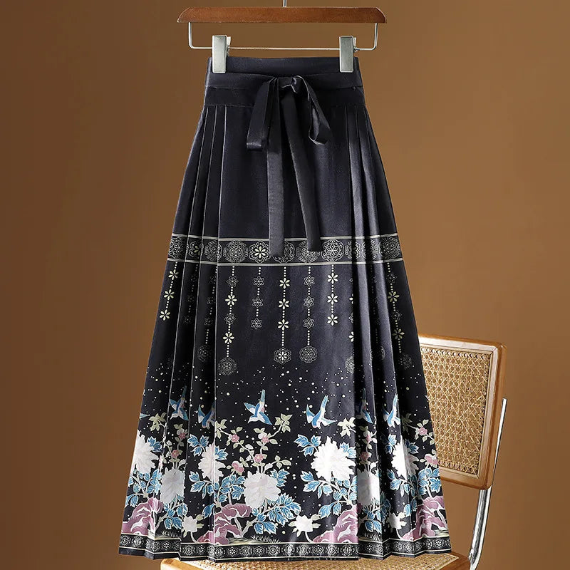 Vintage Maxi Chinese Style Horse Face Skirts  Pleated