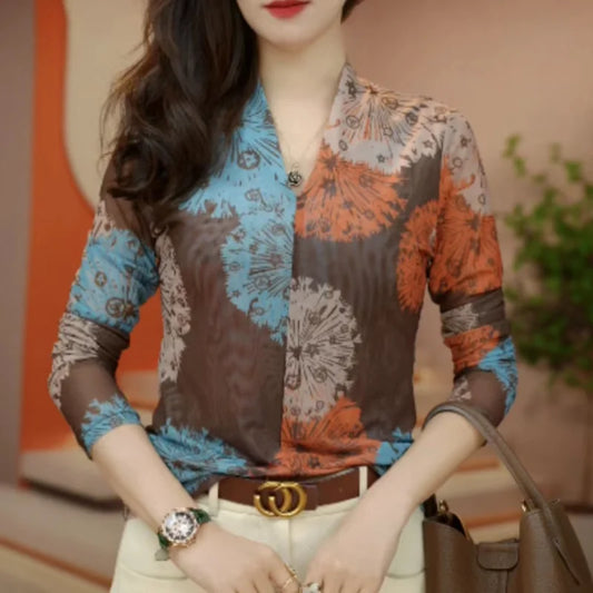 V-Neck Long Sleeve Chiffon Office Slim Spring Autumn Elegant