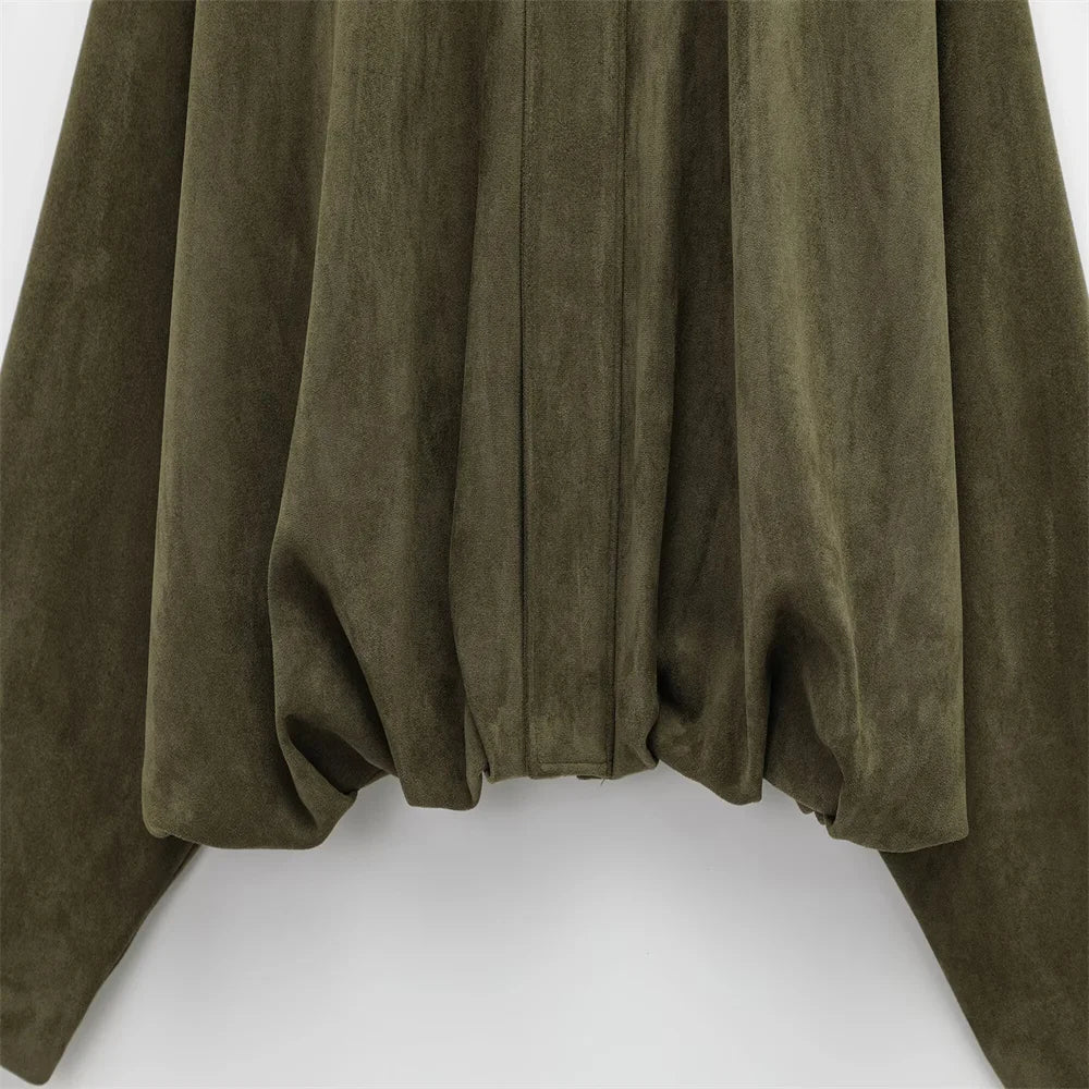 Women Faux Suede Collared Jacket with Shoulder Straps Loose Fit Stylish Olive Green