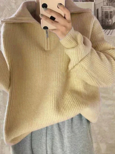 Fashion Women's Turtleneck Zippers Solid Loose Women Sweaters Pullover Long Sleeve Casual Knitted Sweater Woman