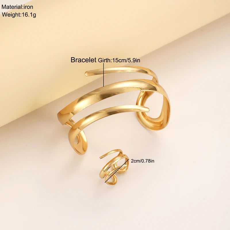 European And American Thick Bracelet And Ring Jewelry Set For Women Gold Color Geometric Line Bracelet Ring Combination Set