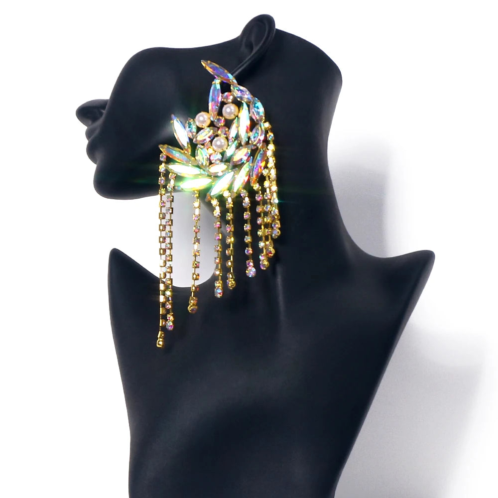 Imitation Pearl Tassel Earrings Fashion Statement Rhinestone Earrings Stud