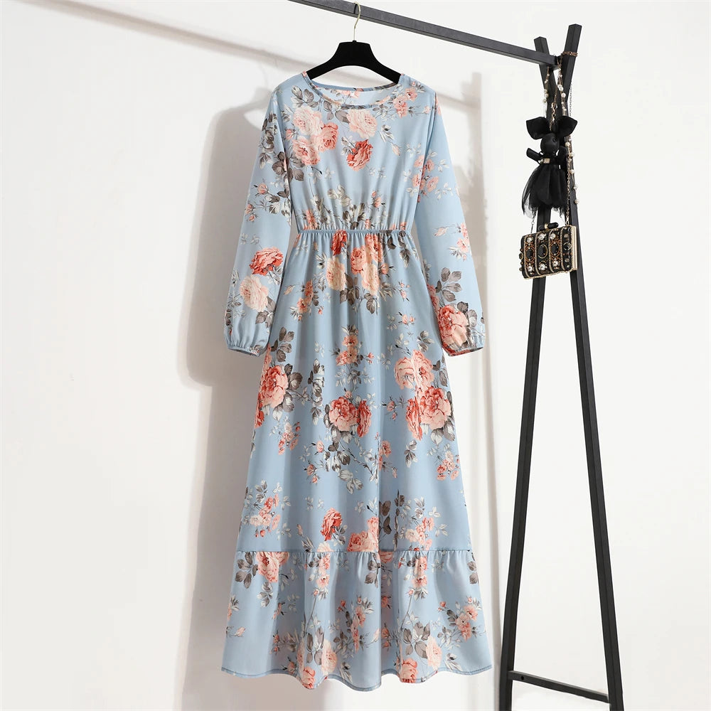 Spring Summer Women Maxi Dresses Casual Full Sleeve Floral Printed O-neck Woman Boho Beach Party Long Dress
