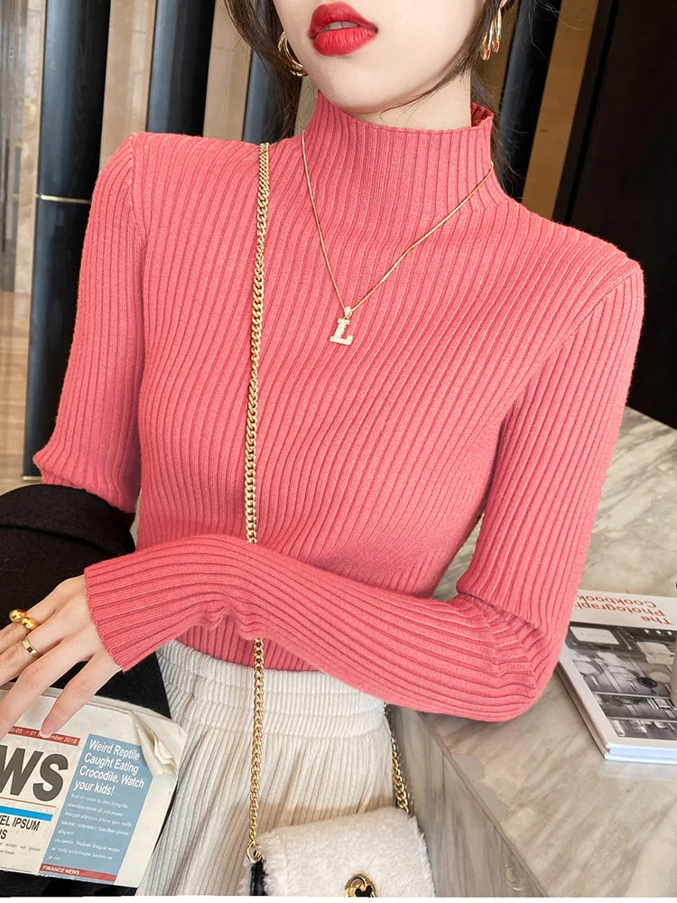 Elegant Solid Basic Knitted Tops Women Mock Turtleneck Sweater Long Sleeve Casual Pullover Simple Chic Clothes