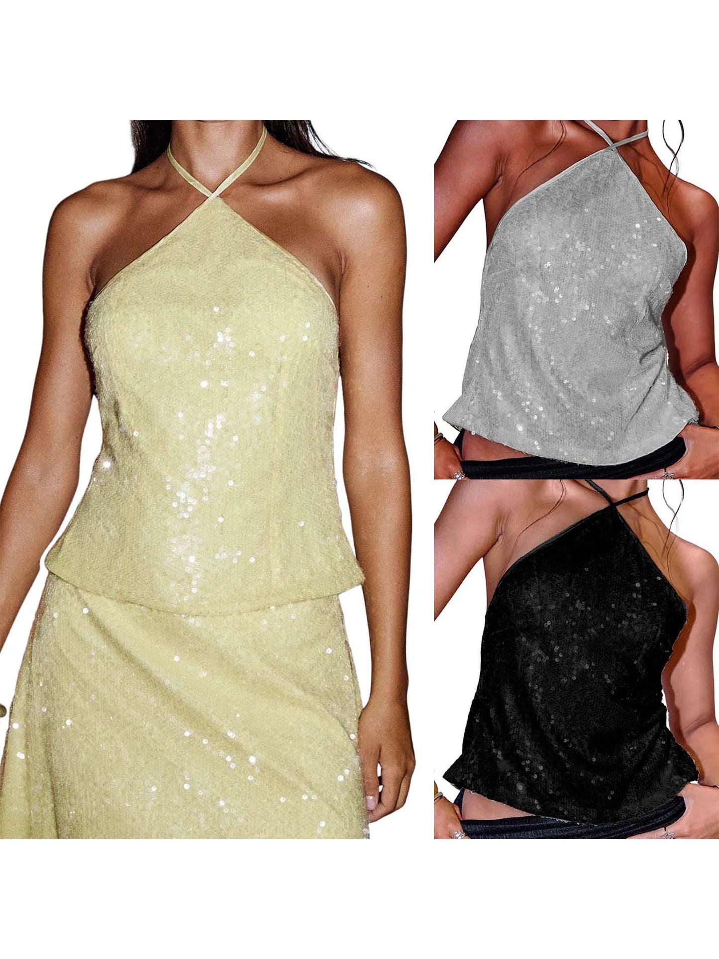 Sequined Halter Neck Crop Top with Tie-Up Back and Sleeveless Design for Women s Streetwear Fashion and Grunge Style Clothing