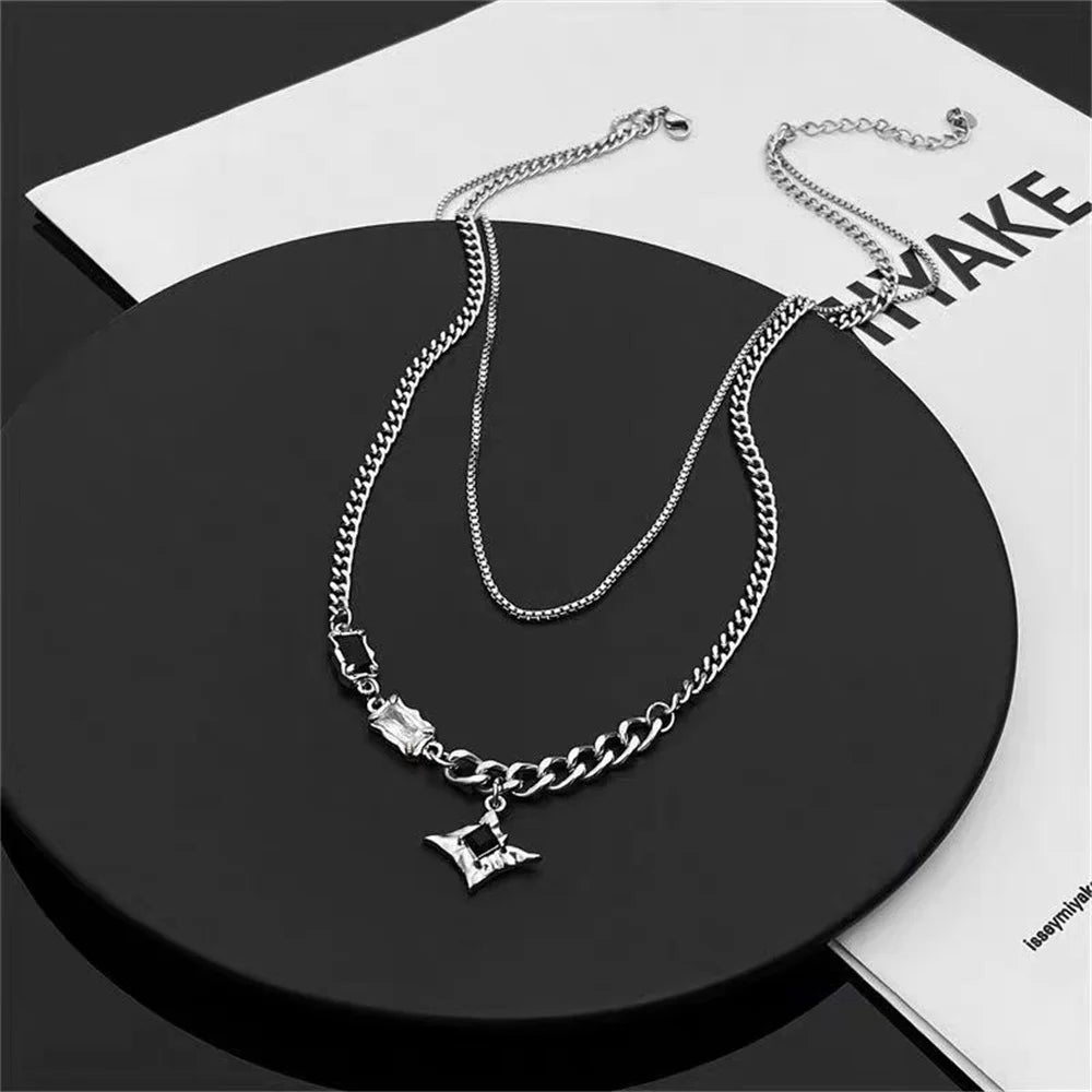 Zircon Double Layer Necklace For Men Women Trend Charm Titanium Steel Pendant Chain Unisex Jewelry