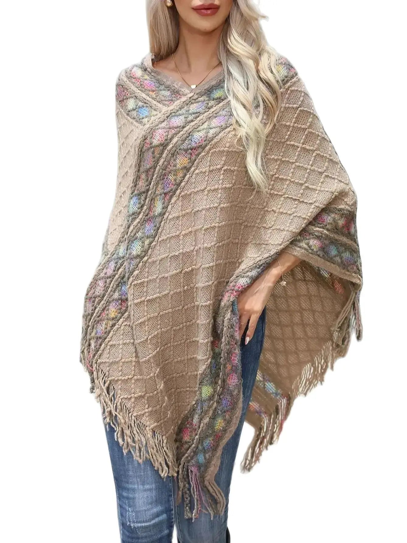 New Tassel Sweater Plus Size Pullover Shawl V-Neck Knitwear Women's Straight Shoulder Rainbow Striped Tassel Cape Shawl Sweater