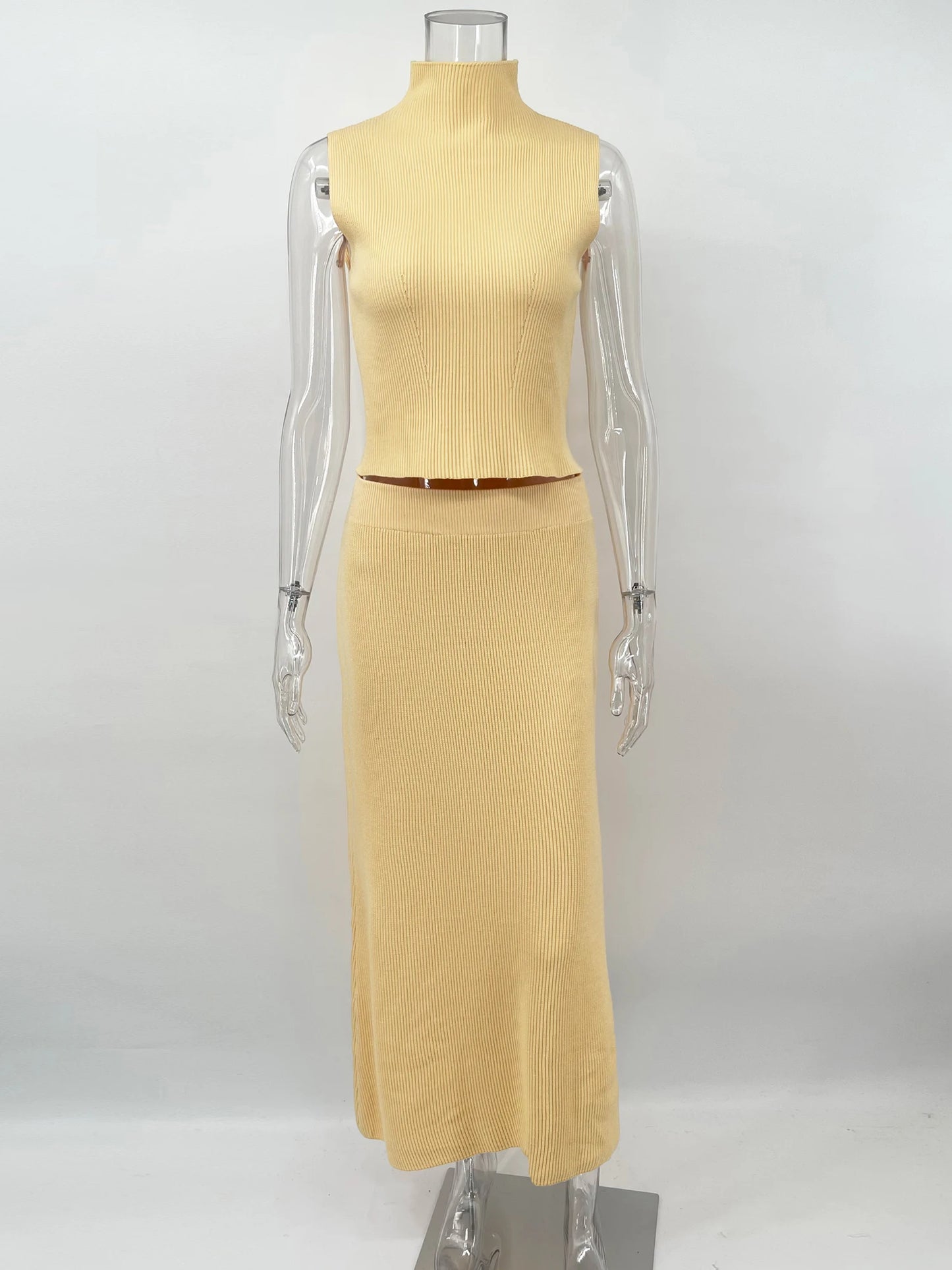 Elegant Long Skirt Two-piece Set Women's Sleeveless Knitted Turtleneck Vest and Skirt Set