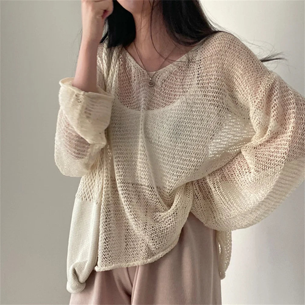 Women's Lazy Style Full Sleeves Jumpers Tops Hollow Out Sexy Women Fashion Casual Streetwear Chic Femme Sweaters Pullovers