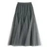 Irregular Stitching Mesh Large Swing Pleated  High Waist Mid Length Puffy Skirt