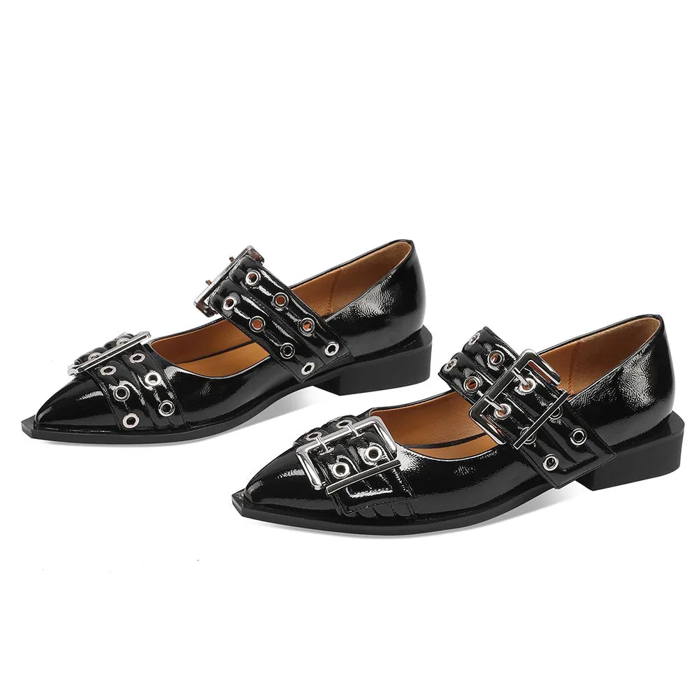 Flats Pointed Toe Buckle Strap Chunky Low Heel
