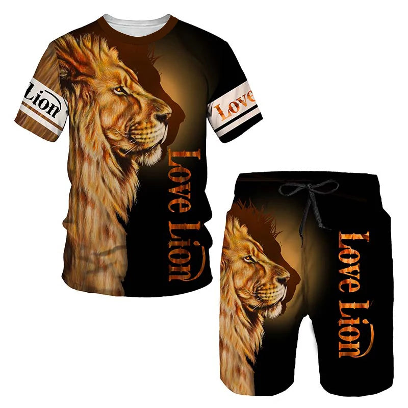 Ferocious Lion Summer Tracksuit Set 3D Printed Casual Men's T-shirt Shorts Male Sportswear Short Sleeve 2 Pieces Clothing Outfit