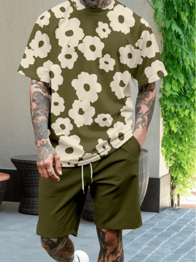 European And American  Summer Men's Loose Fashion Print Casual mixed Short-sleeved T-shirt And Shorts Set