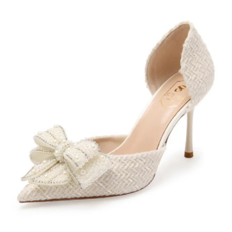 Fashion Pearl Crystal Bowtie Shoes  Designer High Heels Pumps Ladies Thin Heeled Party Shoes