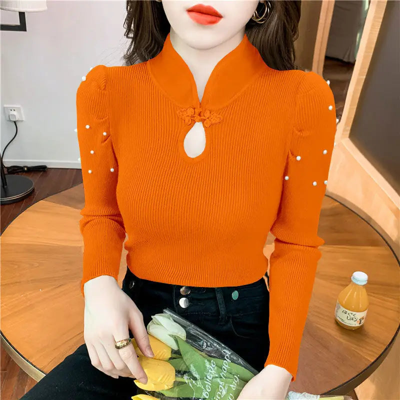 Button Beading Hollow Out Puff Sleeve Shirts