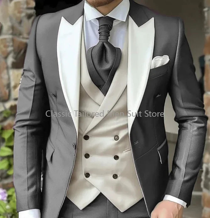Elegant Wedding 3 Piece Jacket Pants Vest Full Set Luxury Single Breasted Peak Lapel  Male Clothing Men's Suits Blazer