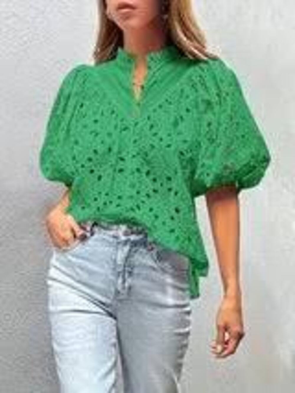 Eye Button-down Shirt,  Solid Color Short Puff Sleeve Top, Spring and Summer