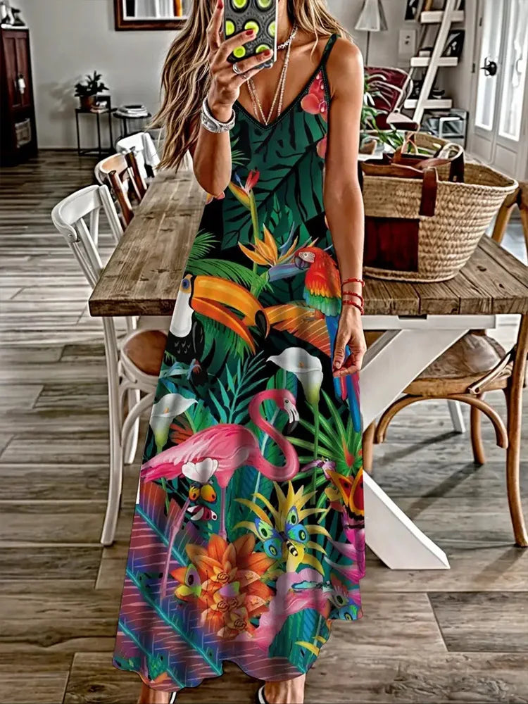 Animal Fresh Print Sexy And Fashionable V-neck Suspender Dress Outdoor Travel Seaside Vacation Casual Long Dress