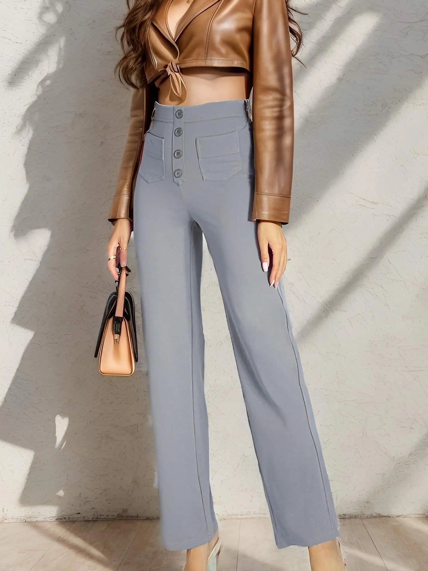 Women's Casual Straight Leg Pants High Waisted Button Down Stretchy Trousers with Multiple Pockets