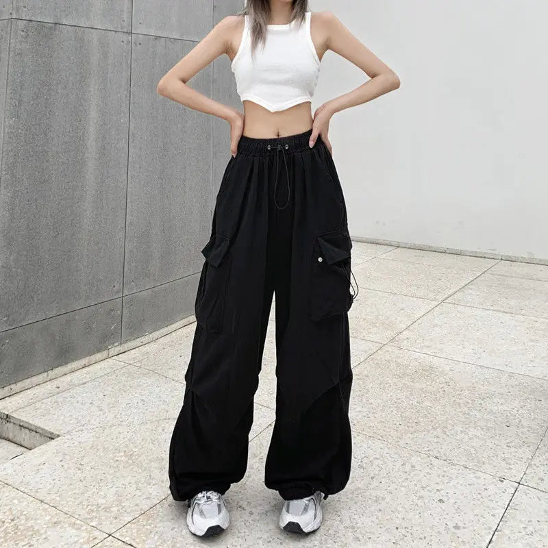 Casual Joggers Tech Pants Solid Low Waist Pants Drawstring Wide Leg Baggy Trousers Streetwear Oversize Sweatpants