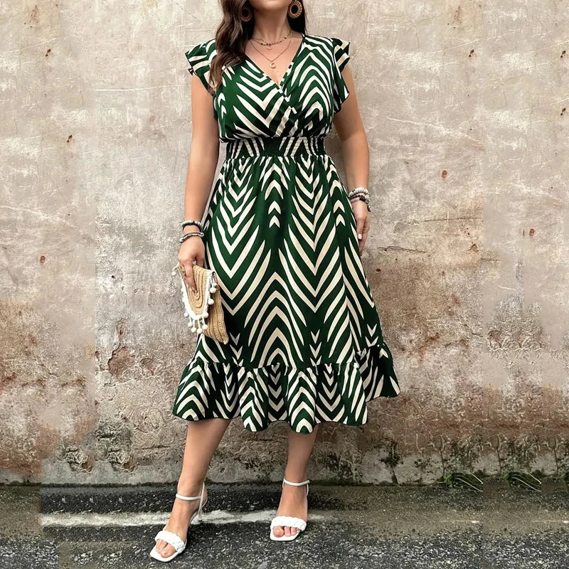 Casual Midi Dress  Arrow Stripe Print  Slim Waist Sleeves V-neck with Ruffled Hem