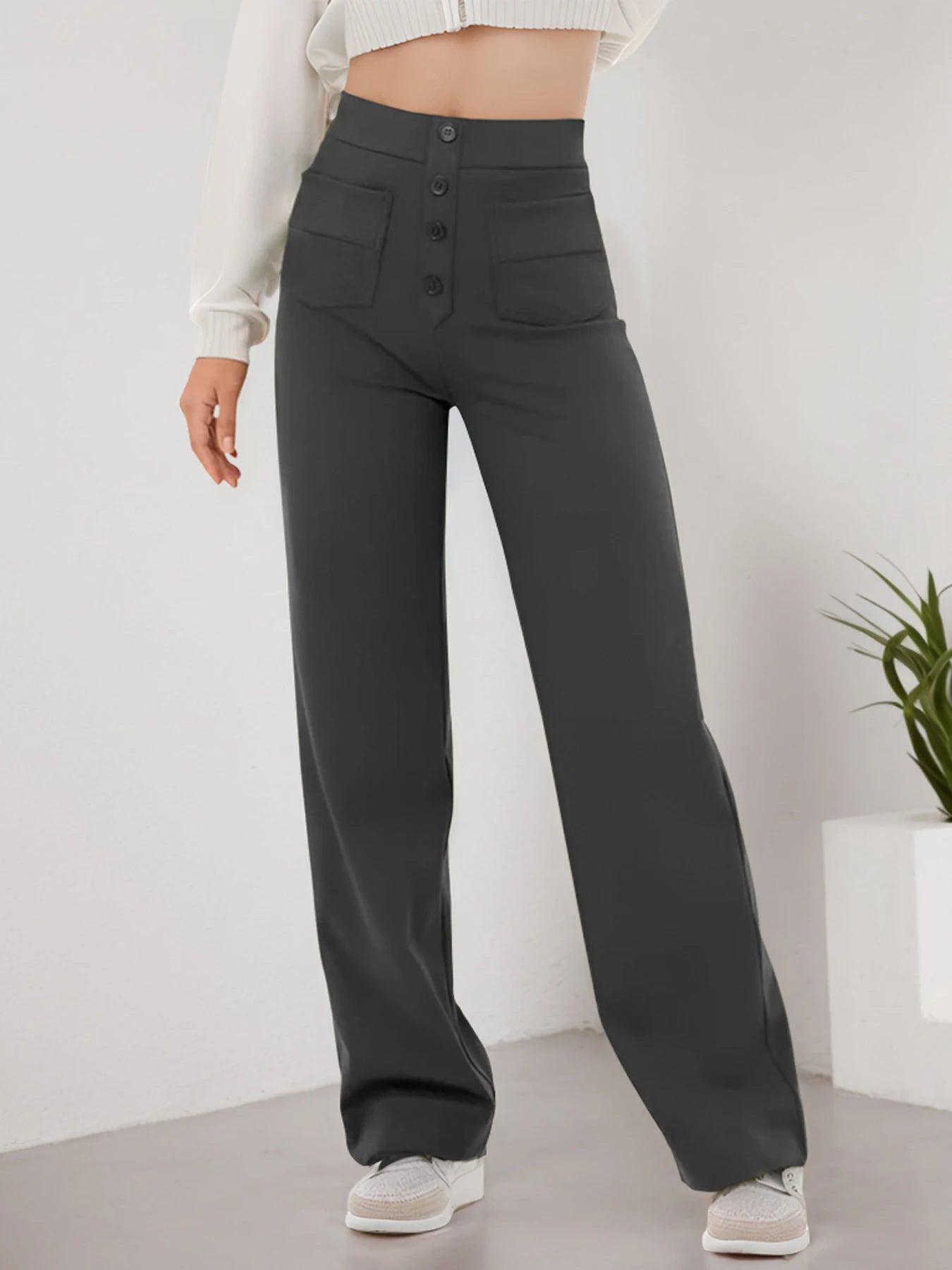 Women's Casual Straight Leg Pants High Waisted Button Down Stretchy Trousers with Multiple Pockets