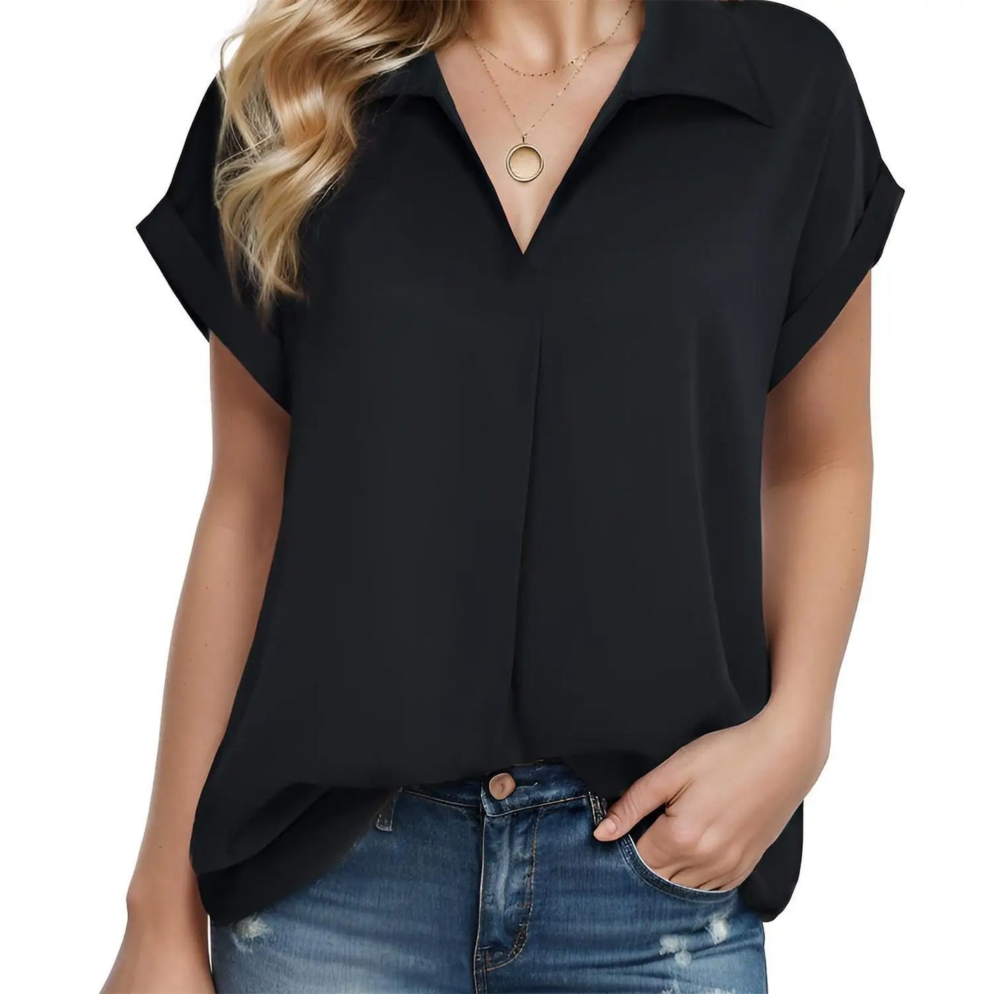 Women's Short Sleeve Chiffon Shirt for Office Work Business Wear Collared Shirt