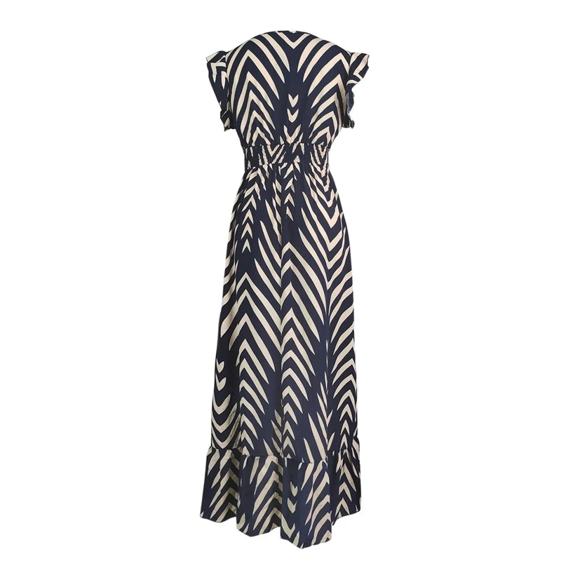 Casual Midi Dress  Arrow Stripe Print  Slim Waist Sleeves V-neck with Ruffled Hem