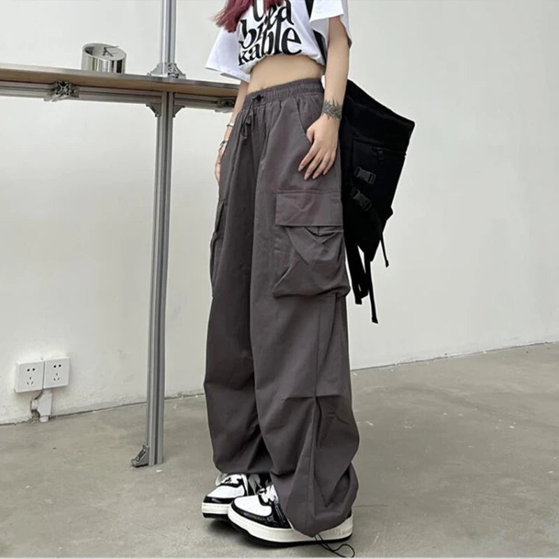 Casual Joggers Tech Pants Solid Low Waist Pants Drawstring Wide Leg Baggy Trousers Streetwear Oversize Sweatpants