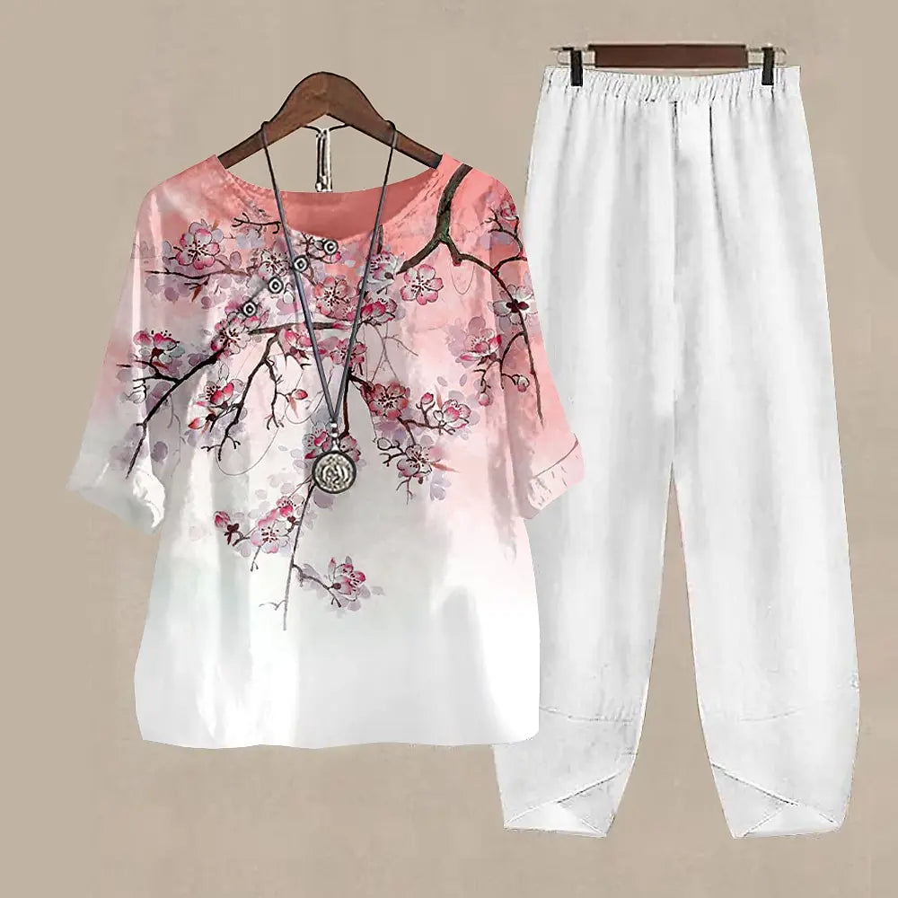 Ladies Elegant Vintage Suit Butterfly Print Two Piece Set Casual Female Loose Outfits O Neck Short Sleeve Shirt With Pants