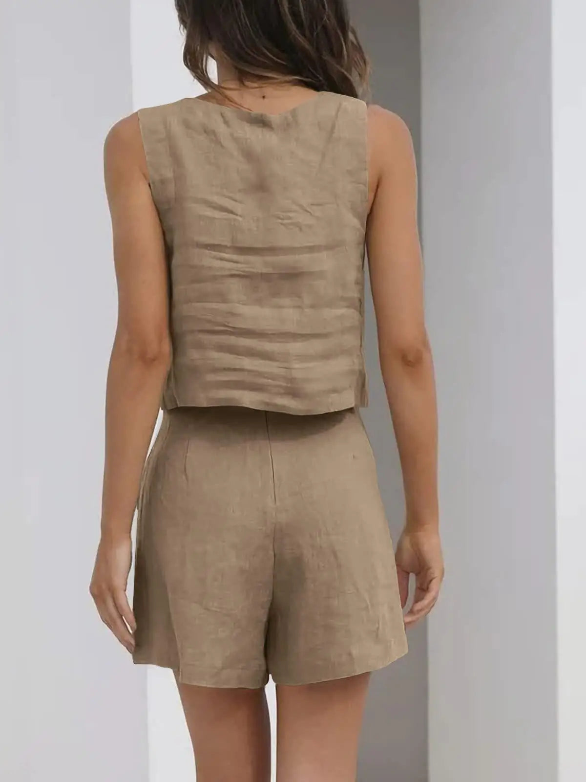 Two Piece Suit Summer Solid Color Sleeveless Pocket Shorts Set Elegant Wide Leg Vest Top