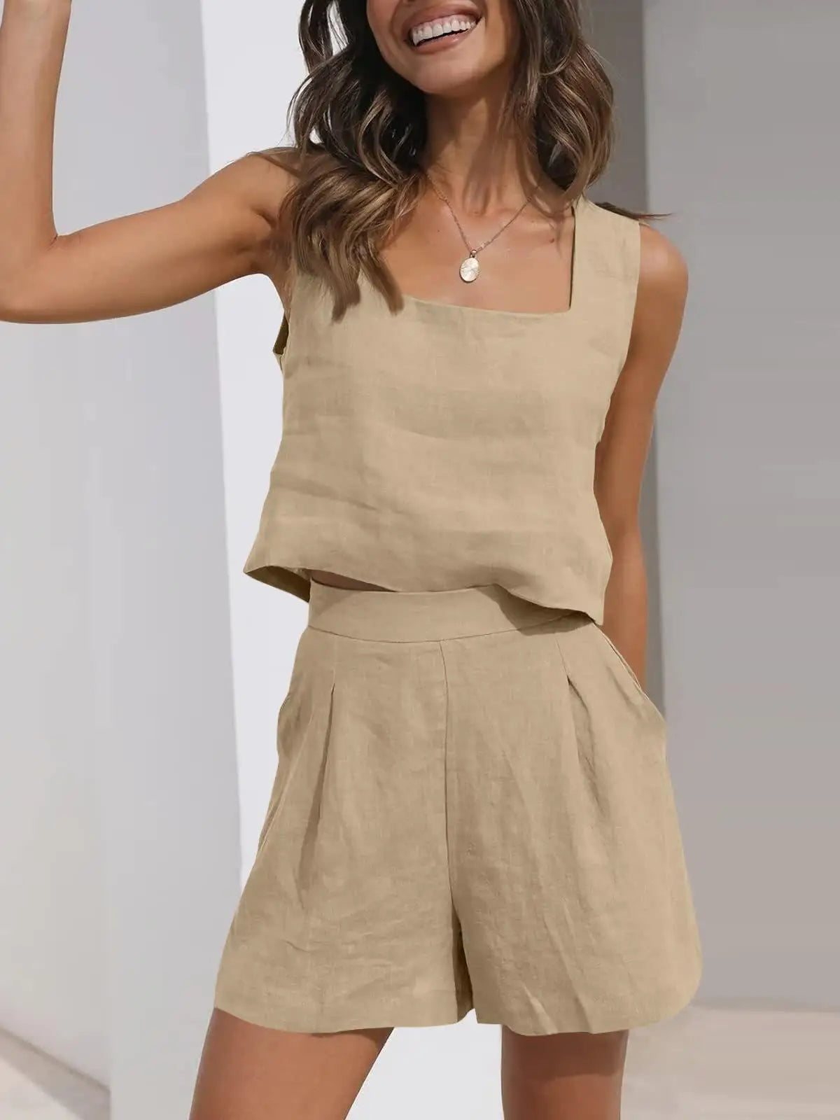 Two Piece Suit Summer Solid Color Sleeveless Pocket Shorts Set Elegant Wide Leg Vest Top