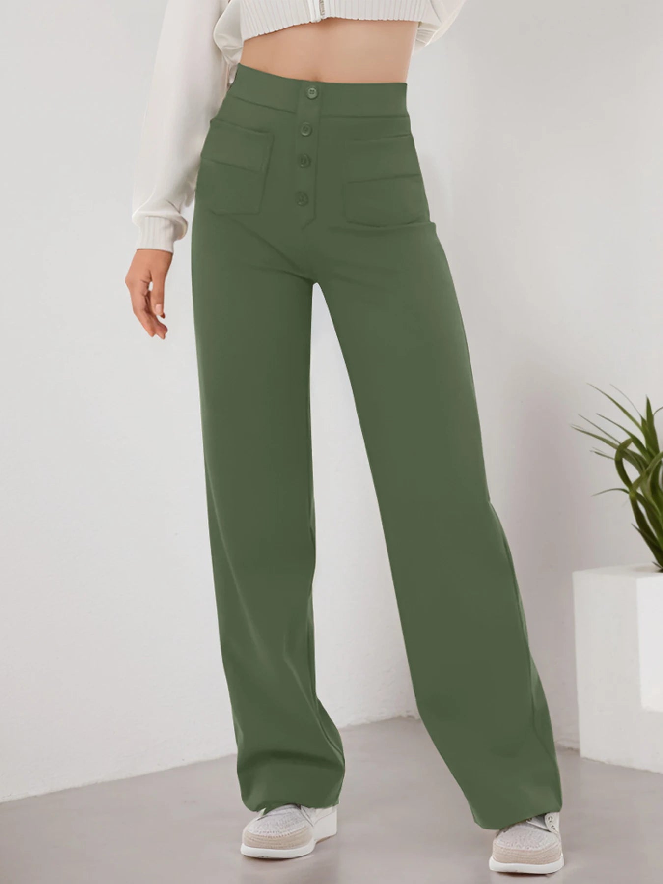 Women's Casual Straight Leg Pants High Waisted Button Down Stretchy Trousers with Multiple Pockets