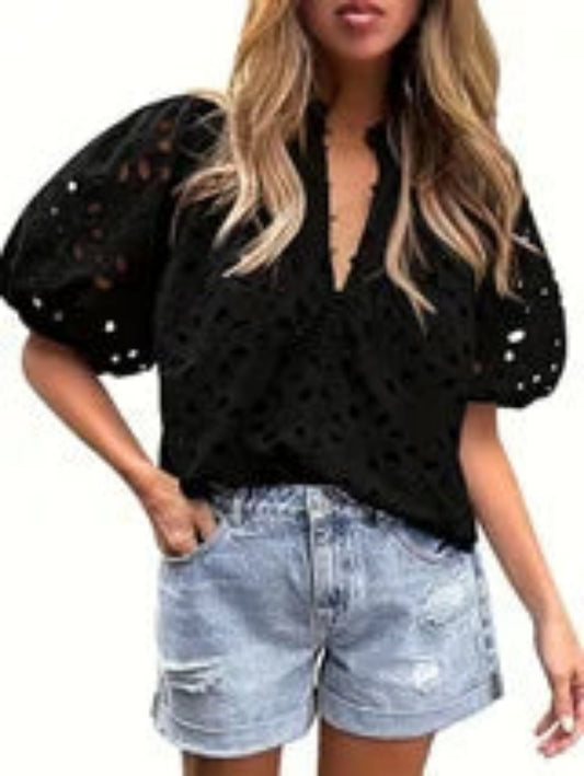 Eye Button-down Shirt,  Solid Color Short Puff Sleeve Top, Spring and Summer