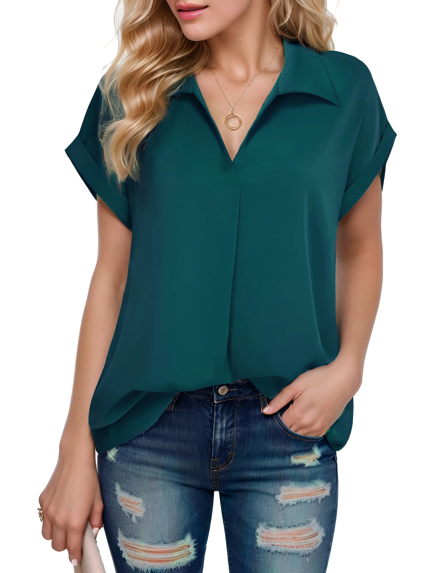 Women's Short Sleeve Chiffon Shirt for Office Work Business Wear Collared Shirt
