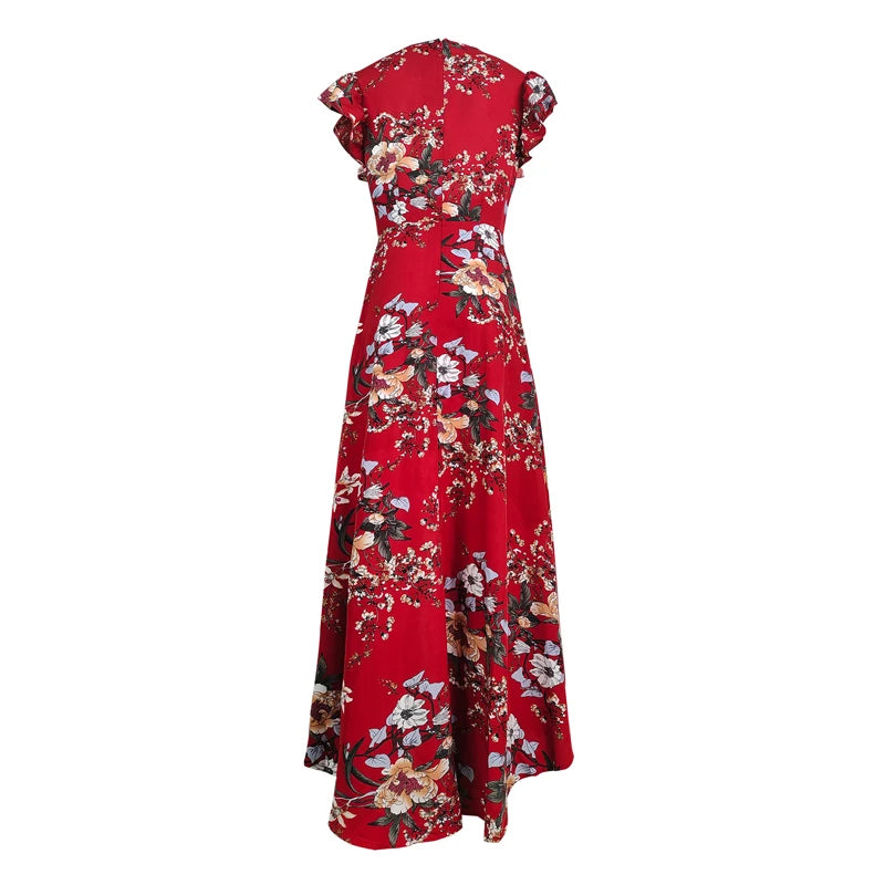 Floral Print Wrap Butterfly Sleeve High Low Hem V-neck