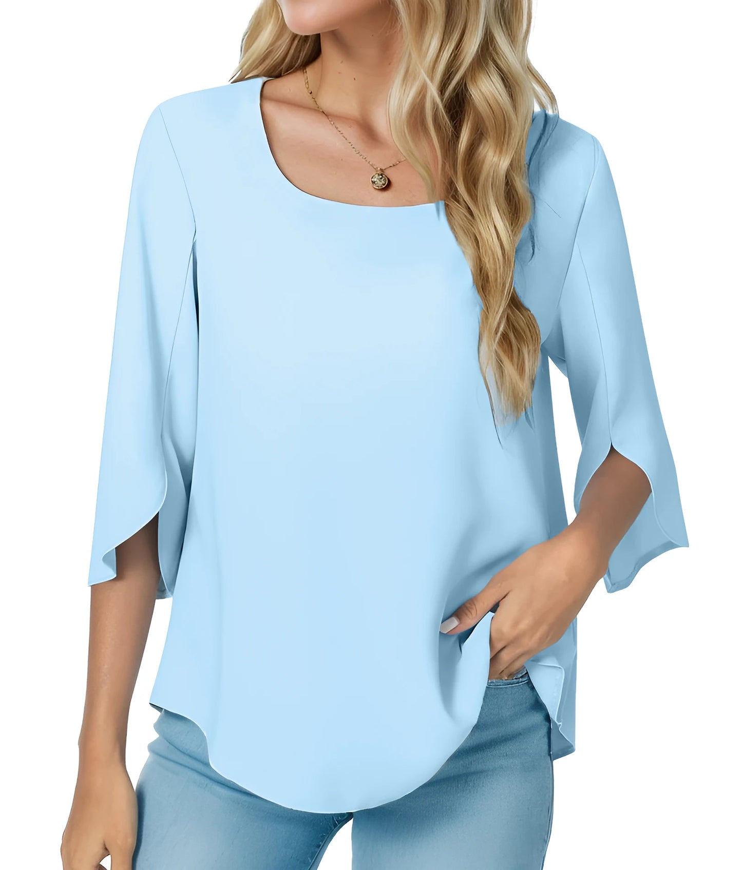 Womens Casual Square Neck Loose Top 3/4 Sleeve Chiffon Blouse